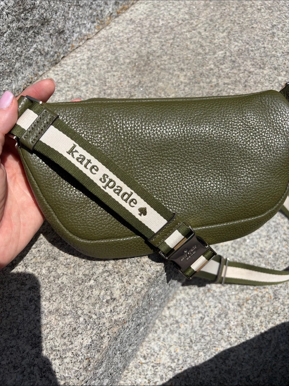 kate spade Olive Green Pebbled Leather Belt Bag with White Piping